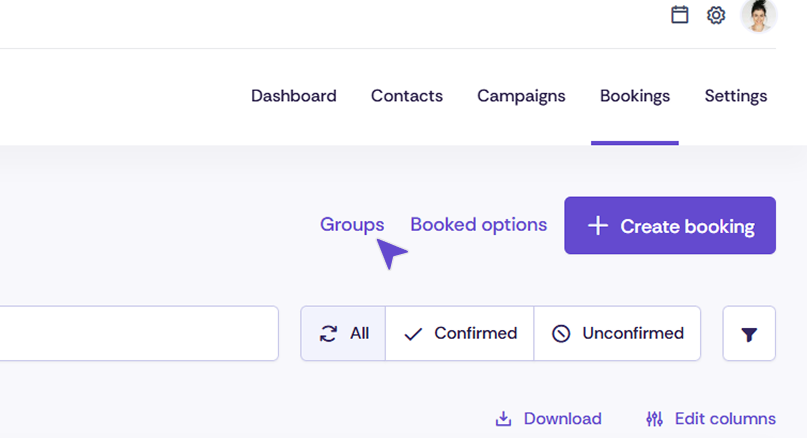 Admin interface of the event platform with the “Groups” tab open in the “Bookings” section, showing filters and a “Create booking” button.