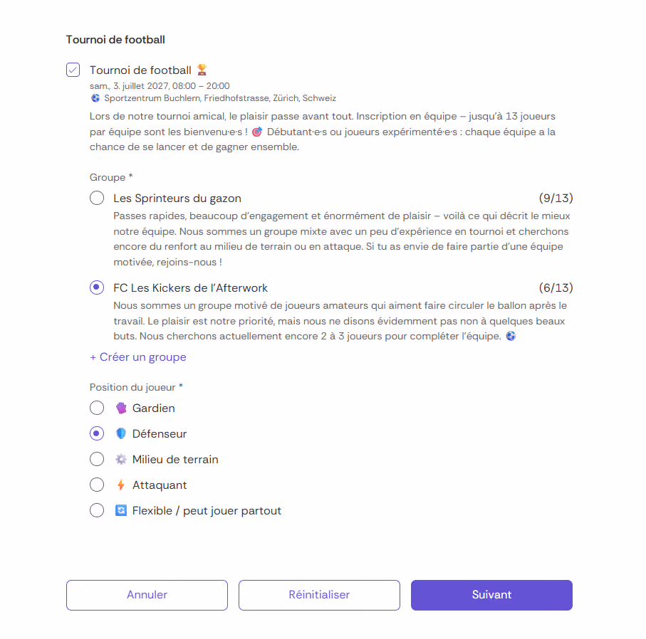 Formulaire d’inscription à un événement affichant les groupes disponibles, la taille actuelle des groupes et le choix de la position du joueur.