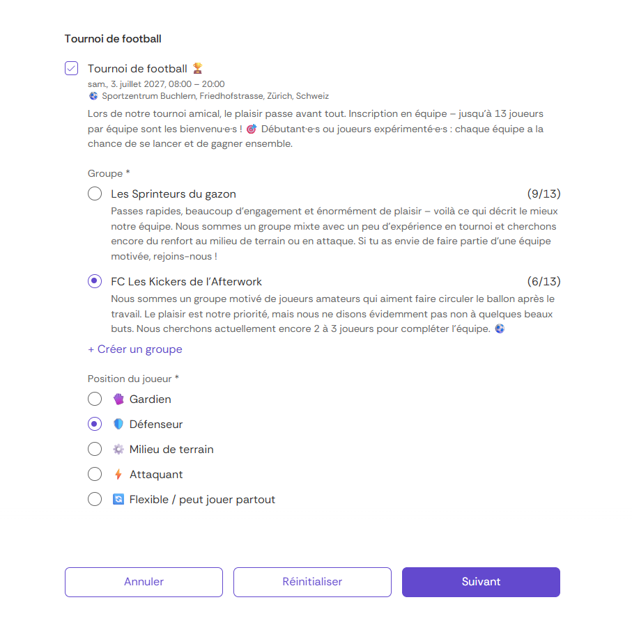 Formulaire d’inscription à un événement affichant les groupes disponibles, la taille actuelle des groupes et le choix de la position du joueur.