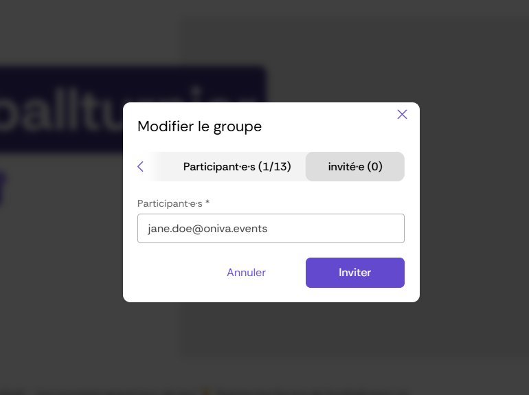 Fenêtre permettant d’inviter des participant·e·s à un groupe en saisissant une adresse e-mail et en envoyant une invitation.