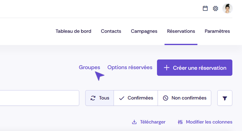 Interface d’administration de la plateforme événementielle avec l’onglet « Groupes » ouvert dans la section « Réservations », affichant des filtres et le bouton « Créer une réservation ».