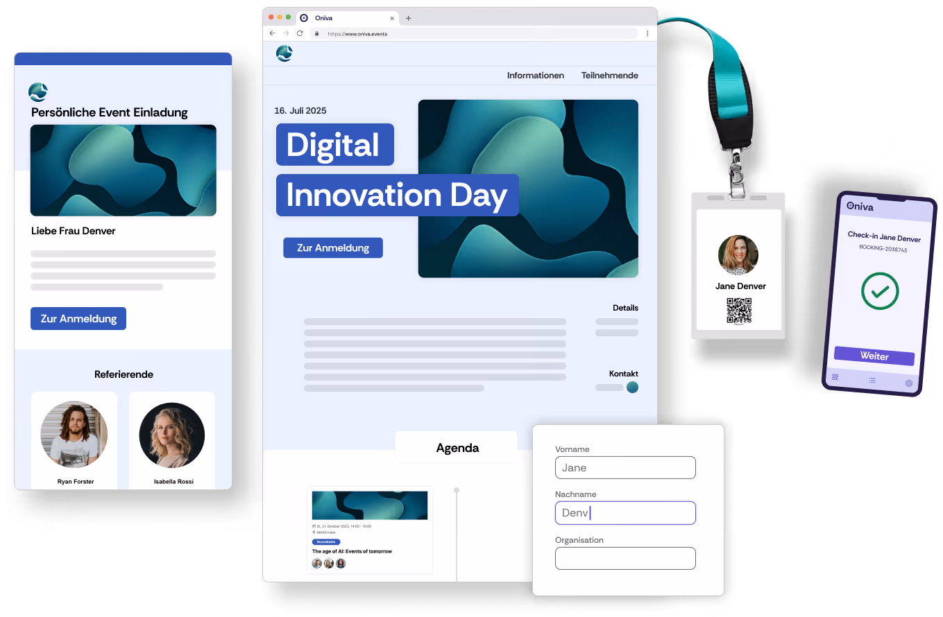 Screenshot einer Event Website, einer Event-Agenda, einer E-Mail-Einladung und der Check-In-App im gleichen Branding, erstellt mit der Oniva Event Software.