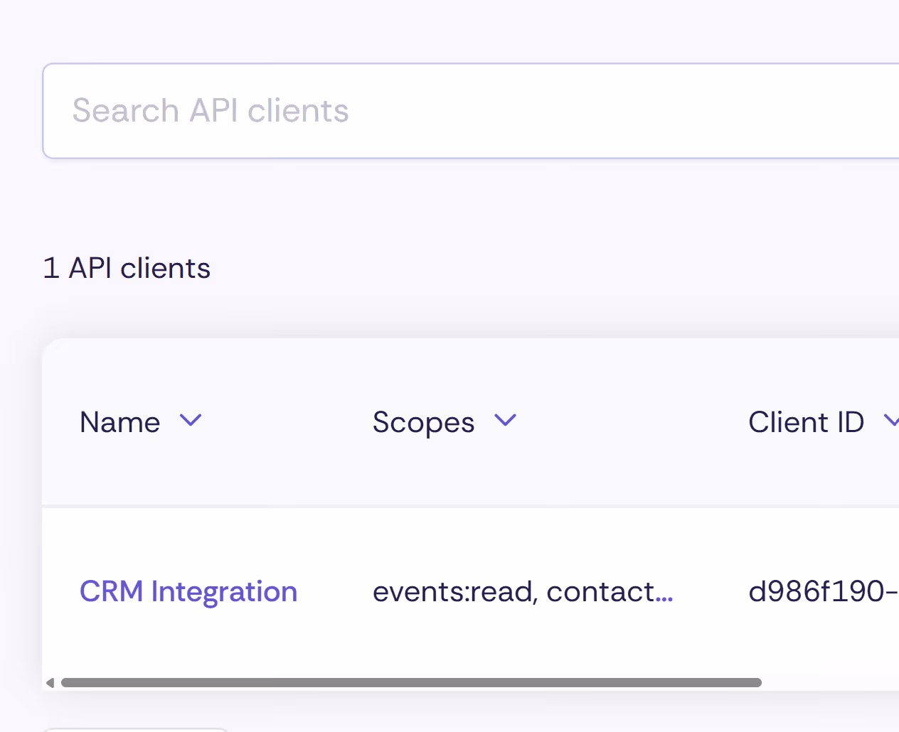 Overview of API clients in the Oniva tenant settings with the columns Name, Scopes, and Client ID. An entry 'CRM-Integration' with the scopes 'events:read, contact...' is visible.