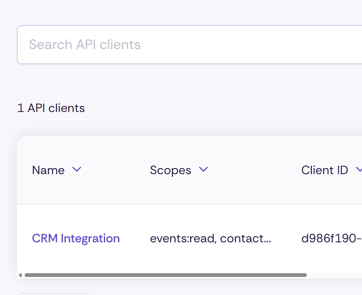 Overview of API clients in the Oniva tenant settings with the columns Name, Scopes, and Client ID. An entry 'CRM-Integration' with the scopes 'events:read, contact...' is visible.