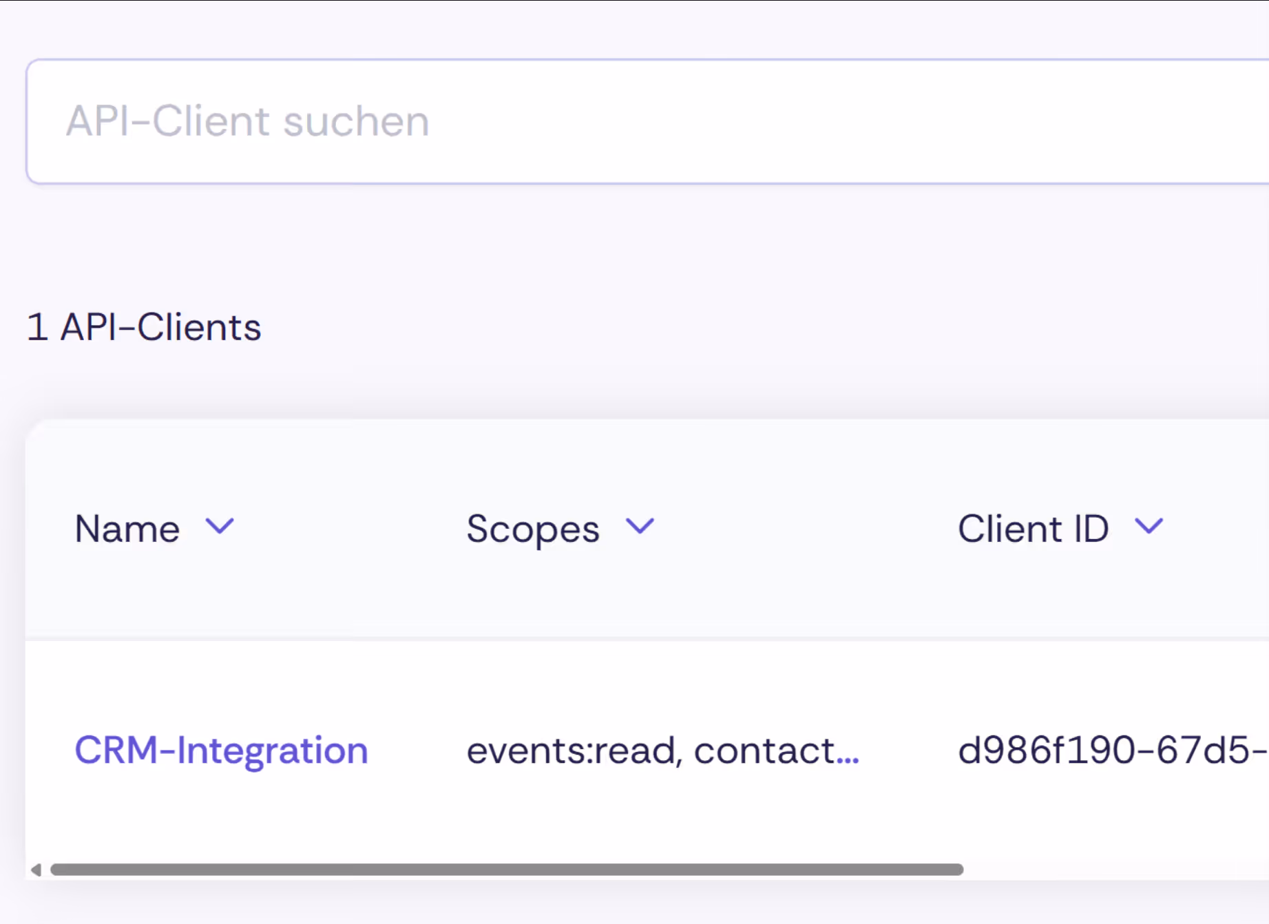 Übersicht der API-Clients in den Oniva Mandanten-Einstellungen mit den Spalten Name, Scopes und Client ID. Ein Eintrag «CRM-Integration» mit den Scopes «events:read, contact...» ist sichtbar.