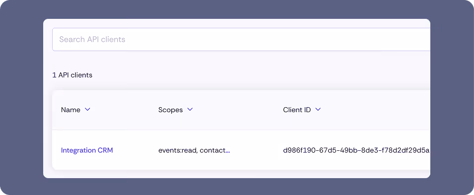Screenshot of a web interface with the heading "API Clients". Below is a search field with the placeholder text "Search API client". It shows "1 API Clients". The table contains the columns "Name", "Scopes" and "Client ID". One entry is visible: Name "Integration CRM", Scopes "events:read, contact…" and Client ID "d986f190-67d5-49bb-8de3-f78d2df29d5a". At the bottom there is a dropdown to select the page size with the value "10".