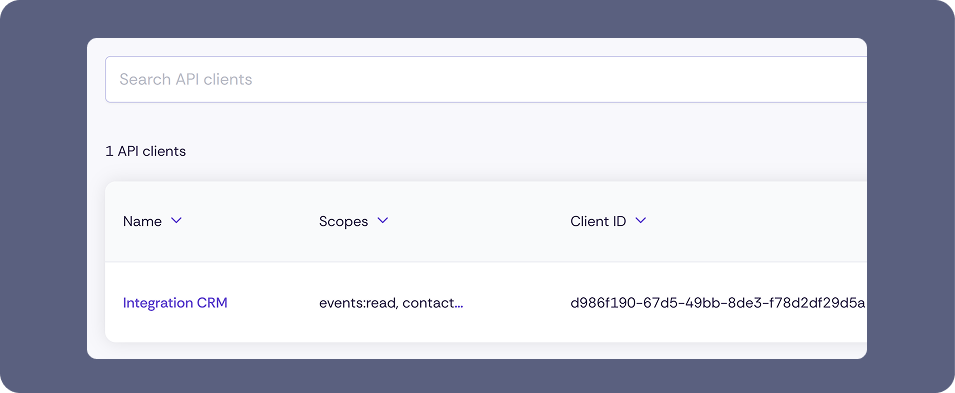 Screenshot of a web interface with the heading "API Clients". Below is a search field with the placeholder text "Search API client". It shows "1 API Clients". The table contains the columns "Name", "Scopes" and "Client ID". One entry is visible: Name "Integration CRM", Scopes "events:read, contact…" and Client ID "d986f190-67d5-49bb-8de3-f78d2df29d5a". At the bottom there is a dropdown to select the page size with the value "10".