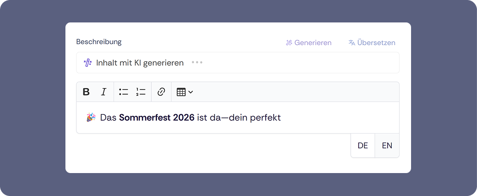 Texteditor in Oniva mit KI-Funktionen «Generate» und «Translate». Ein automatisch generierter Text für das Sommerfest 2026 ist sichtbar, unten rechts sind die Sprachoptionen DE und EN auswählbar.