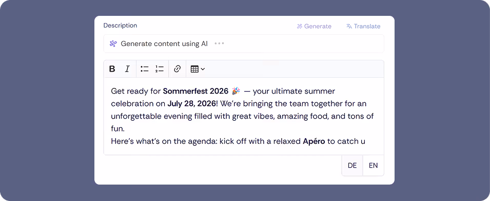 Oniva text editor with AI-powered «Generate» and «Translate» functions. An automatically generated description for Sommerfest 2026 is visible, with language options DE and EN selectable in the bottom right.