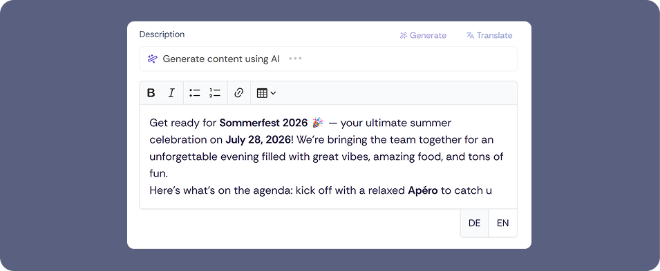 Oniva text editor with AI-powered «Generate» and «Translate» functions. An automatically generated description for Sommerfest 2026 is visible, with language options DE and EN selectable in the bottom right.