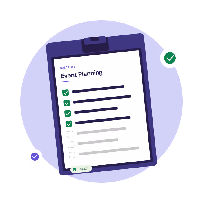 Illustration of a clipboard featuring an event planning checklist, showing several completed tasks marked with green ticks and a few remaining unchecked items. The checklist is titled “Event Planning” and includes a small XLSX file label at the bottom. Purple and green accents are used throughout the graphic, with floating tick icons around the clipboard.
