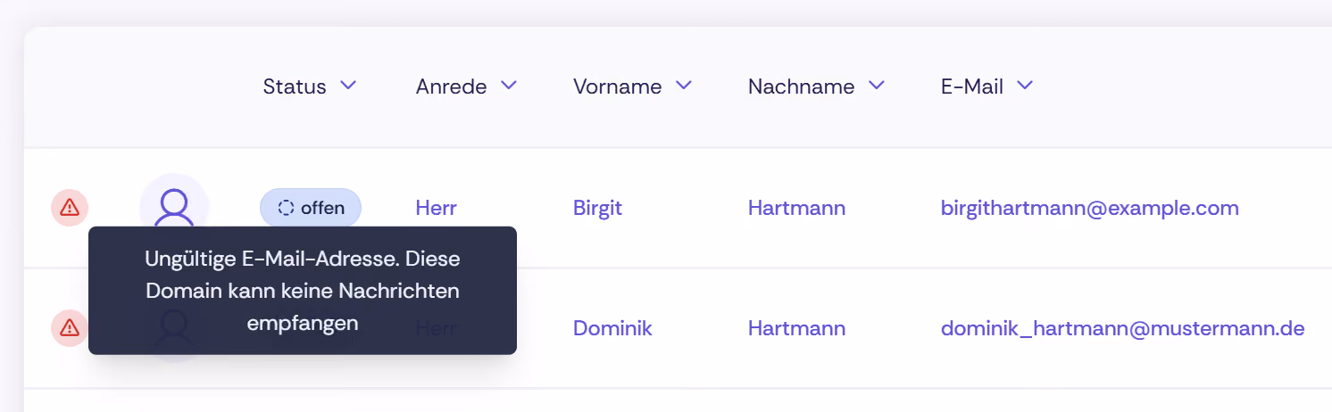 Screenshot der Kontaktliste in Oniva. Zwei Kontakte werden angezeigt, beide mit einem roten Warnsymbol (Dreieck mit Ausrufezeichen) gekennzeichnet. Beim ersten Kontakt – Birgit Hartmann, Status „offen", E-Mail birgithartmann@example.com – ist ein Tooltip eingeblendet mit dem Text: „Ungültige E-Mail-Adresse. Diese Domain kann keine Nachrichten empfangen." Der zweite Kontakt ist Dominik Hartmann mit der E-Mail dominik_hartmann@mustermann.de.
