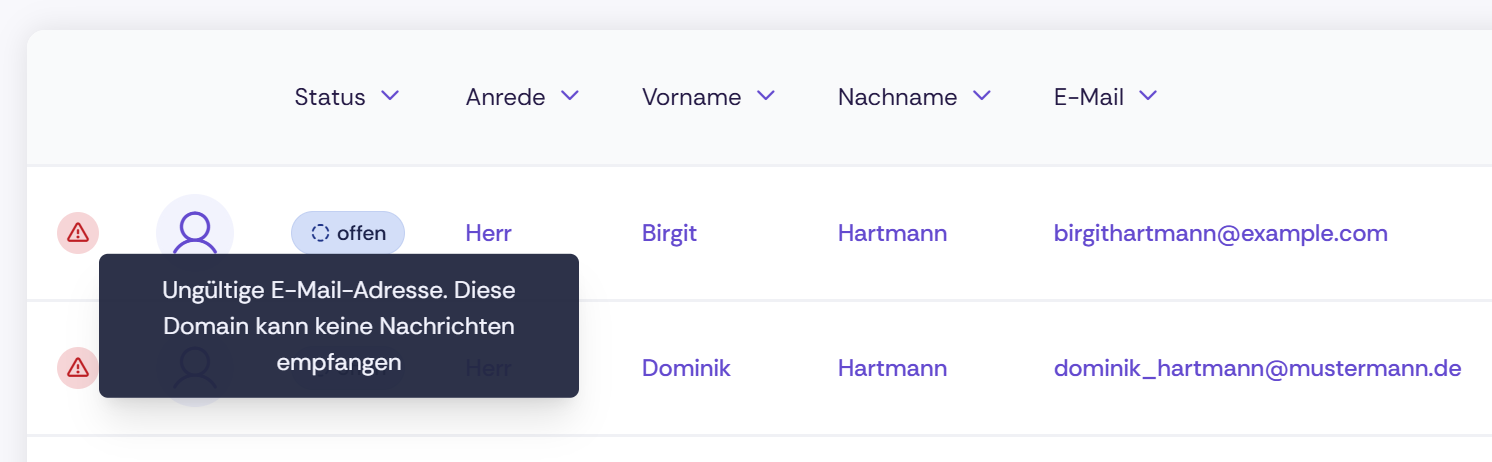 Screenshot der Kontaktliste in Oniva. Zwei Kontakte werden angezeigt, beide mit einem roten Warnsymbol (Dreieck mit Ausrufezeichen) gekennzeichnet. Beim ersten Kontakt – Birgit Hartmann, Status „offen", E-Mail birgithartmann@example.com – ist ein Tooltip eingeblendet mit dem Text: „Ungültige E-Mail-Adresse. Diese Domain kann keine Nachrichten empfangen." Der zweite Kontakt ist Dominik Hartmann mit der E-Mail dominik_hartmann@mustermann.de.