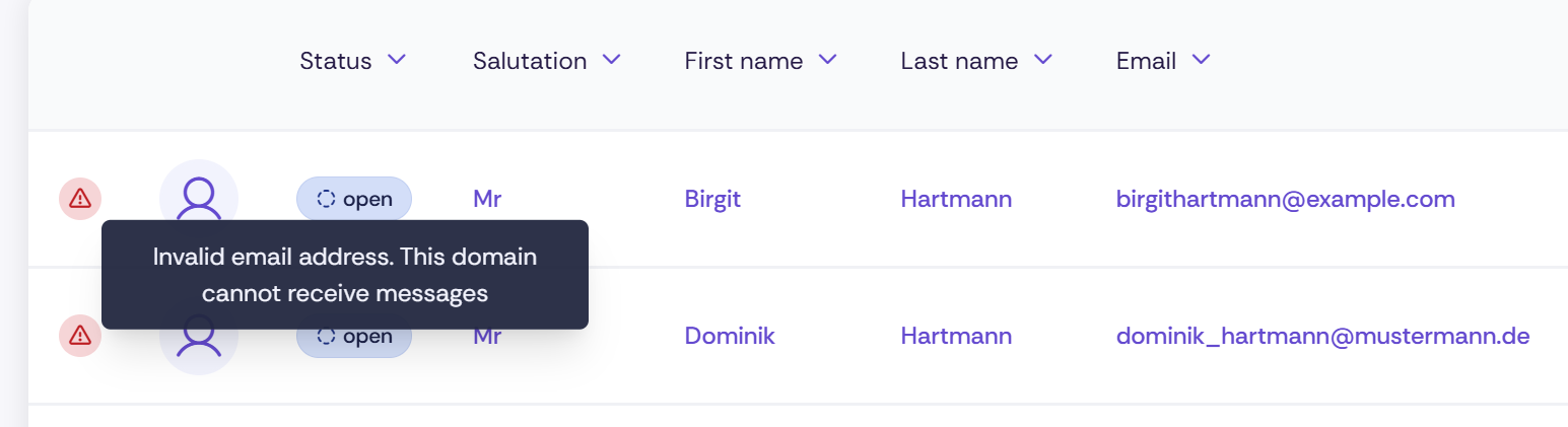 Screenshot of the contact list in Oniva. Two contacts are displayed, both flagged with a red warning symbol (triangle with exclamation mark). For the first contact – Birgit Hartmann, status "open", email birgithartmann@example.com – a tooltip is shown with the text: "Invalid email address. This domain cannot receive any messages." The second contact is Dominik Hartmann with the email address dominik_hartmann@mustermann.de.