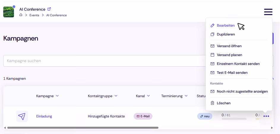 Screenshot der Navigation zum Bearbeiten von Kampagnen
