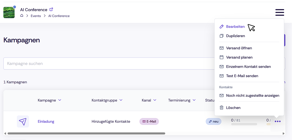 Screenshot der Navigation zum Bearbeiten von Kampagnen