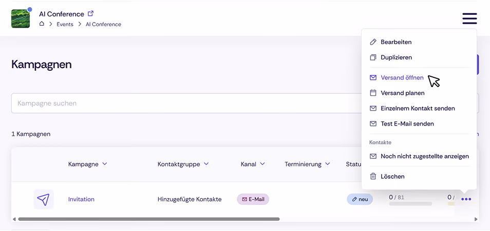 Screenshot der Navigation zum Versand von Kampagnen