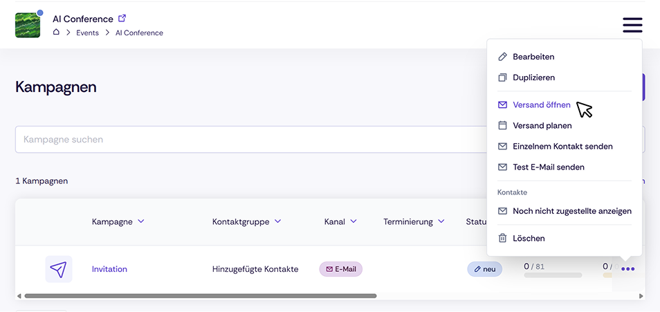 Screenshot der Navigation zum Versand von Kampagnen