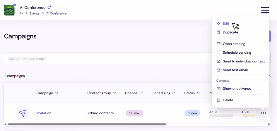 Screenshot of navigating to edit campaigns