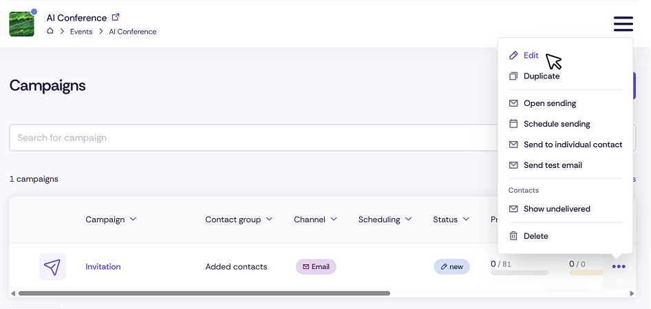 Screenshot of navigating to edit campaigns
