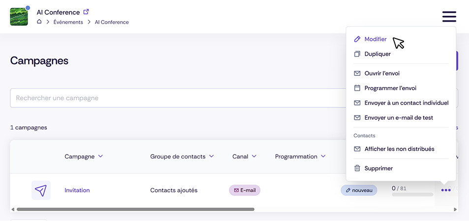 Capture d'écran de la navigation pour la modification des campagnes