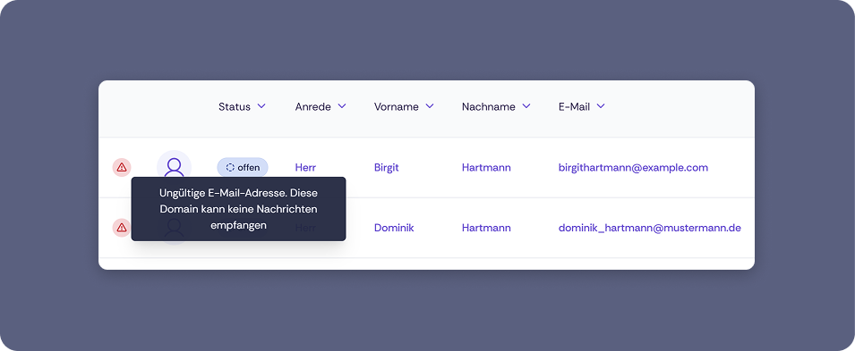 Zwei Kontakte werden angezeigt, beide mit einem roten Warnsymbol (Dreieck mit Ausrufezeichen) gekennzeichnet. Beim ersten Kontakt – Birgit Hartmann, Status „offen", E-Mail birgithartmann@example.com – ist ein Tooltip eingeblendet mit dem Text: „Ungültige E-Mail-Adresse. Diese Domain kann keine Nachrichten empfangen." Der zweite Kontakt ist Dominik Hartmann mit der E-Mail dominik_hartmann@mustermann.de.