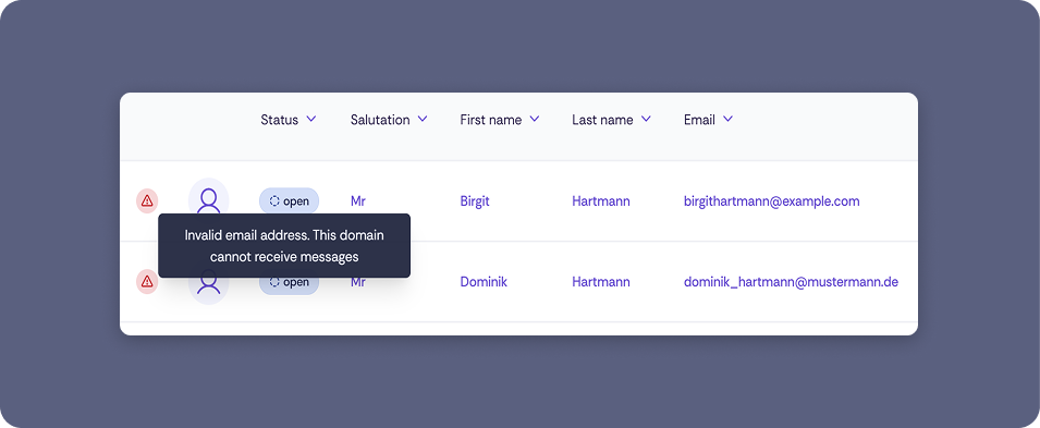Screenshot of the contact list in Oniva. Two contacts are displayed, both flagged with a red warning symbol (triangle with exclamation mark). For the first contact – Birgit Hartmann, status "open", email birgithartmann@example.com – a tooltip is shown with the text: "Invalid email address. This domain cannot receive any messages." The second contact is Dominik Hartmann with the email address dominik_hartmann@mustermann.de.