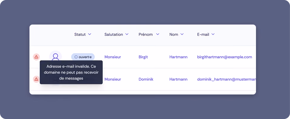 Capture d'écran de la liste des contacts dans Oniva. Deux contacts sont affichés, tous deux signalés par un symbole d'avertissement rouge (triangle avec point d'exclamation). Pour le premier contact – Birgit Hartmann, statut « ouvert », e-mail birgithartmann@example.com – une infobulle s'affiche avec le texte : « Adresse e-mail invalide. Ce domaine ne peut recevoir aucun message. » Le second contact est Dominik Hartmann avec l'adresse e-mail dominik_hartmann@mustermann.de.