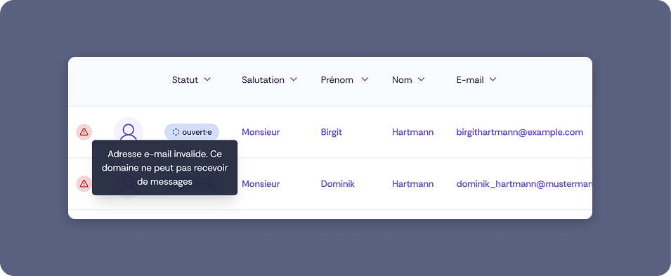 Capture d'écran de la liste des contacts dans Oniva. Deux contacts sont affichés, tous deux signalés par un symbole d'avertissement rouge (triangle avec point d'exclamation). Pour le premier contact – Birgit Hartmann, statut « ouvert », e-mail birgithartmann@example.com – une infobulle s'affiche avec le texte : « Adresse e-mail invalide. Ce domaine ne peut recevoir aucun message. » Le second contact est Dominik Hartmann avec l'adresse e-mail dominik_hartmann@mustermann.de.
