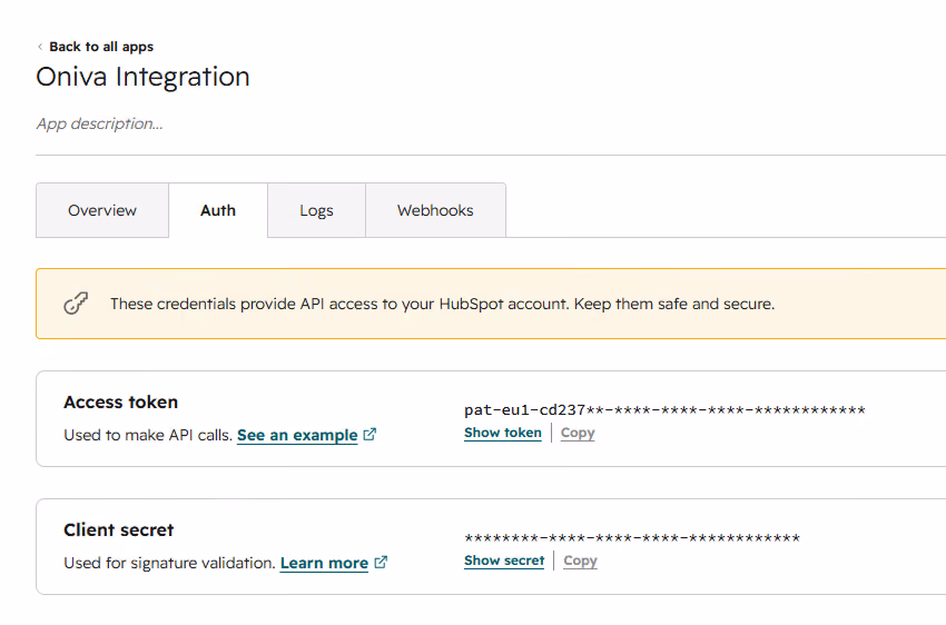 Private app within HubSpot