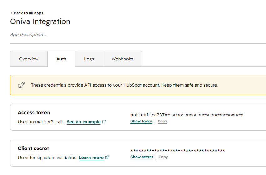 Private app within HubSpot