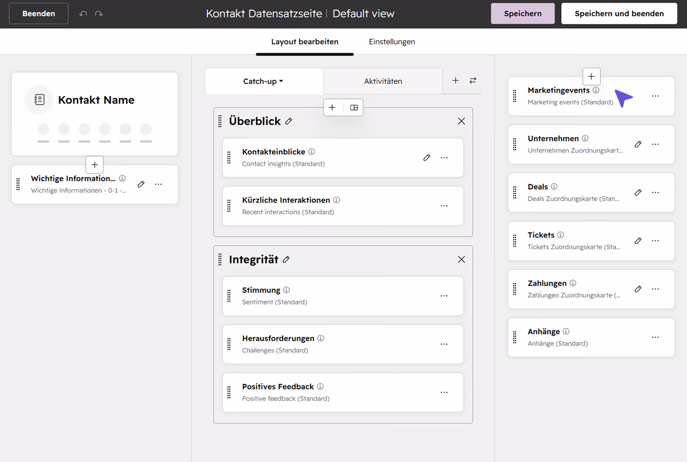 Kontakt Datensatzseitearbeiten in HubSpot