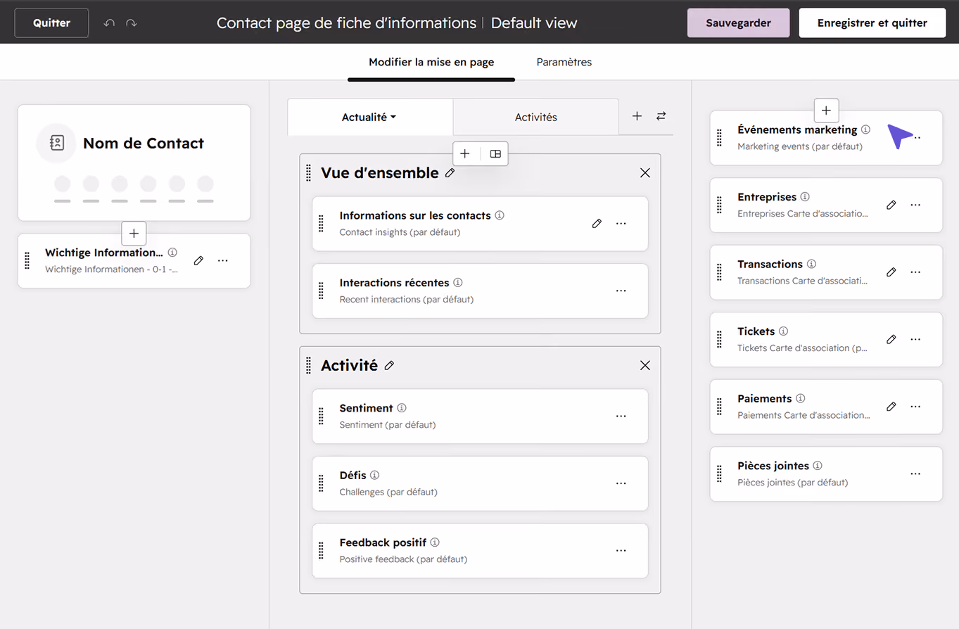 Modifier la mise en page d'un contact dans HubSpot