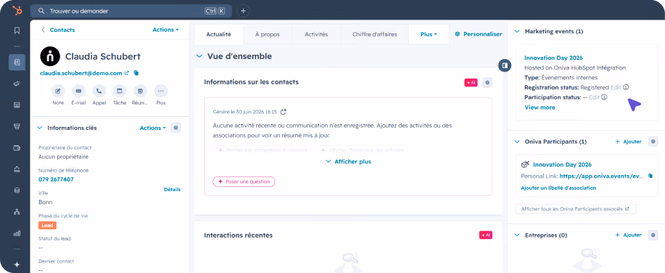 Intégration Oniva dans HubSpot