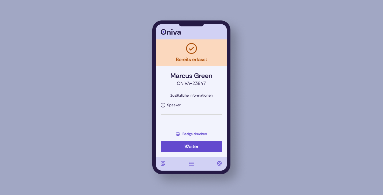 Die Oniva Check-In-App nach dem erneuten Scan eines bereits eingelösten Tickets.