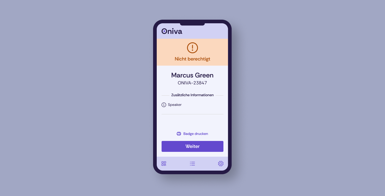 Die Oniva Check-In-App nach dem Scan eines nicht berechtigten Tickets.
