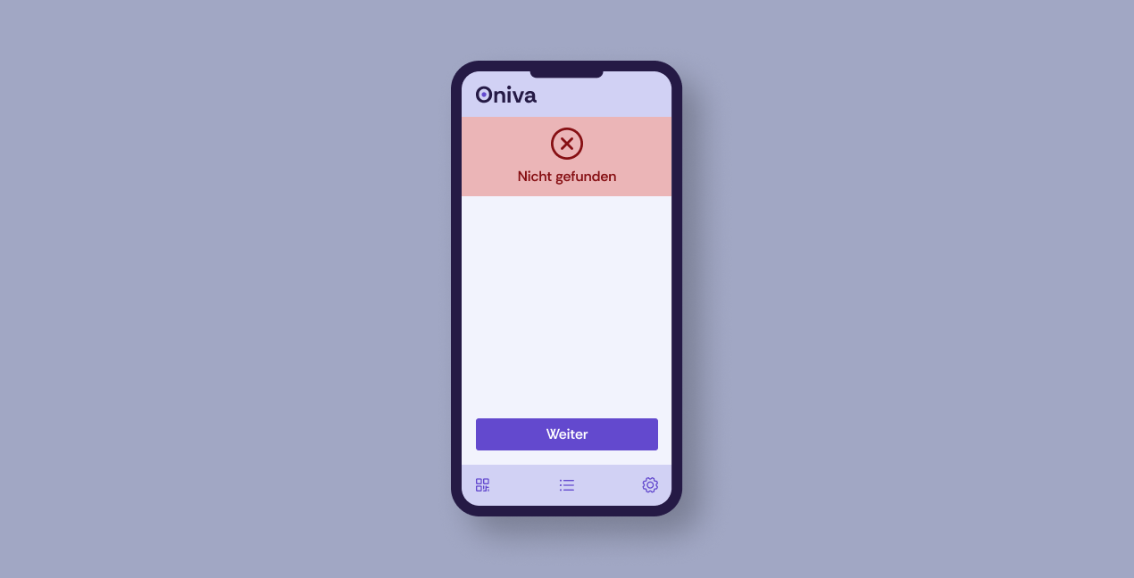 Die Oniva Check-In-App nach dem Scan eines ungültigen QR Codes.