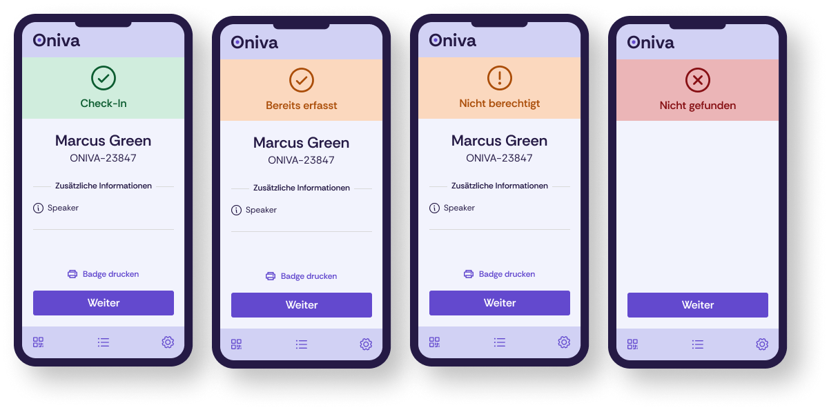 Die Oniva Check-In-App nach dem Scan eines gültigen Tickets, dem erneuten Scan eines bereits eingelösten Tickets, dem Scan eines nicht berechtigten Tickets und dem Scan eines ungültigen QR-Codes.