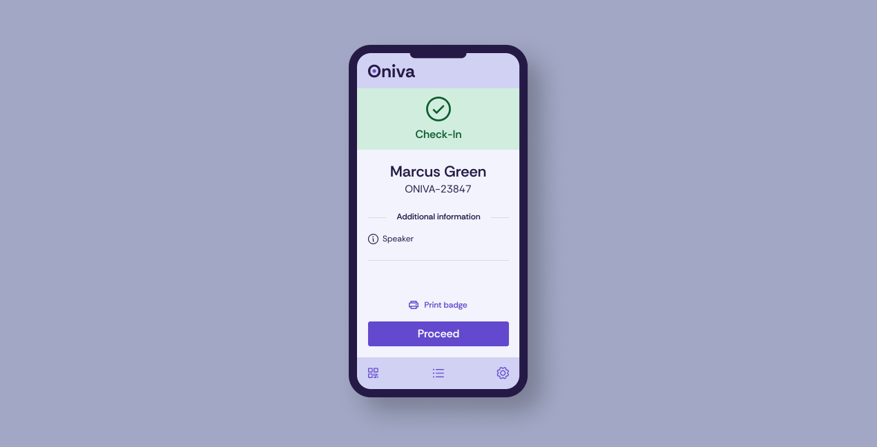 The Oniva Check-In App after scanning a valid ticket.
