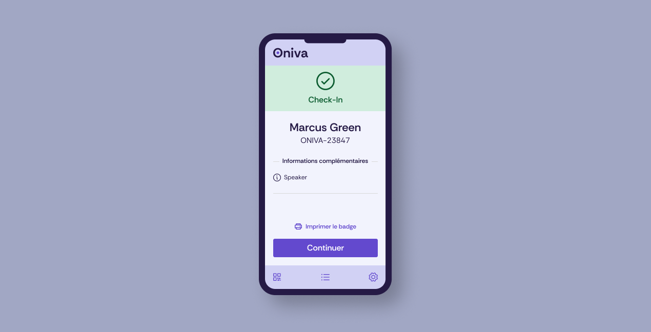 L’application Oniva Check-In après le scan d’un billet valide.