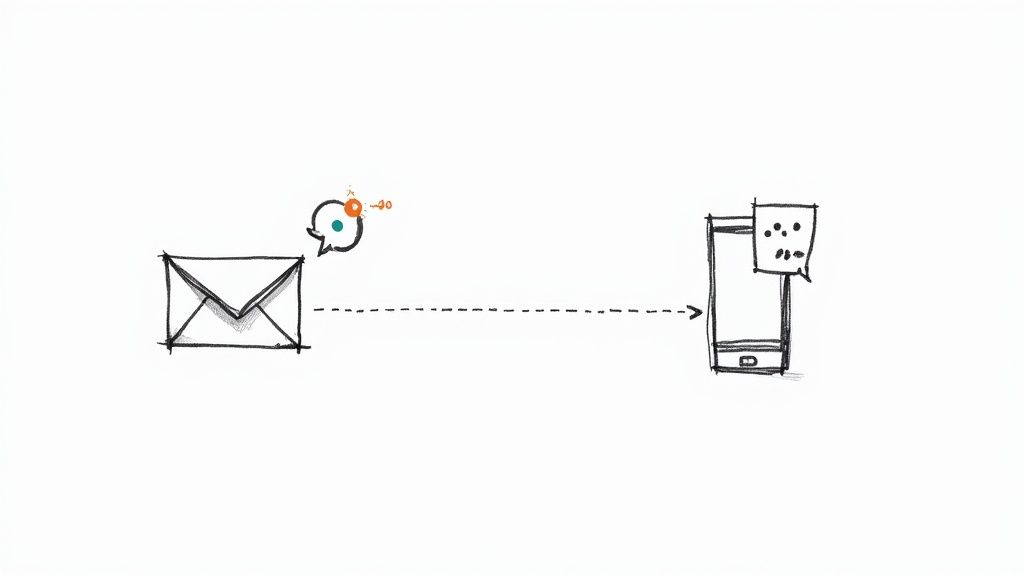 An illustration showing an email icon transforming into a text message bubble, representing the email-to-SMS process