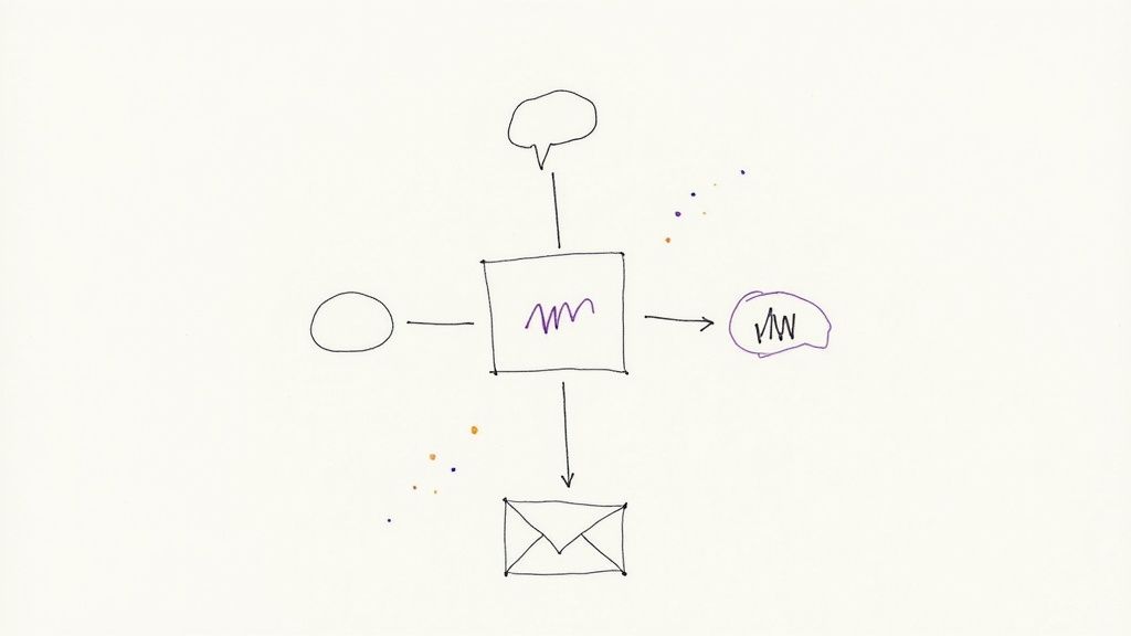 A smartphone, a landline phone, and a voicemail icon connected with glowing lines to a central hub, symbolizing a multi-channel communication strategy.