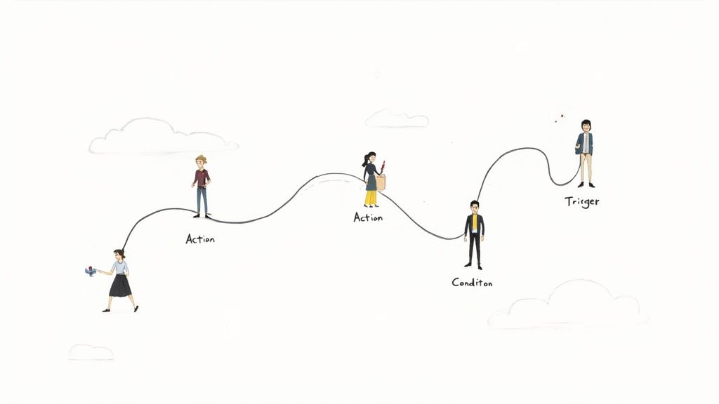 A visual representation of a marketing automation workflow chart with interconnected nodes.