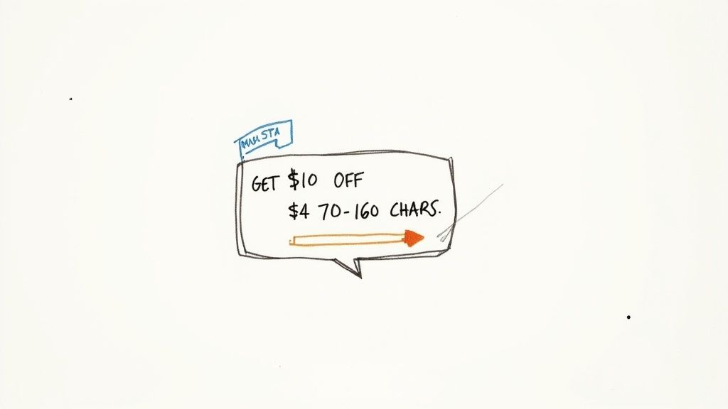 A smartphone displaying a short, impactful SMS marketing message with a clear call-to-action button, illustrating the power of concise communication.