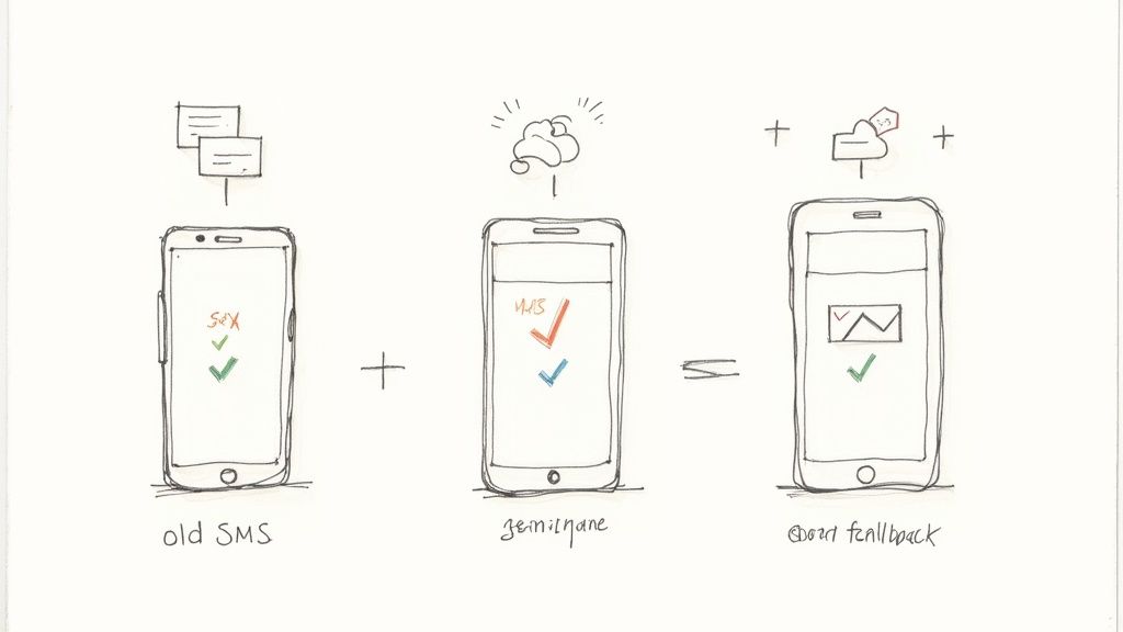 A map of the world with overlapping circles showing the near-universal reach of SMS versus the more limited, smartphone-dependent reach of MMS.