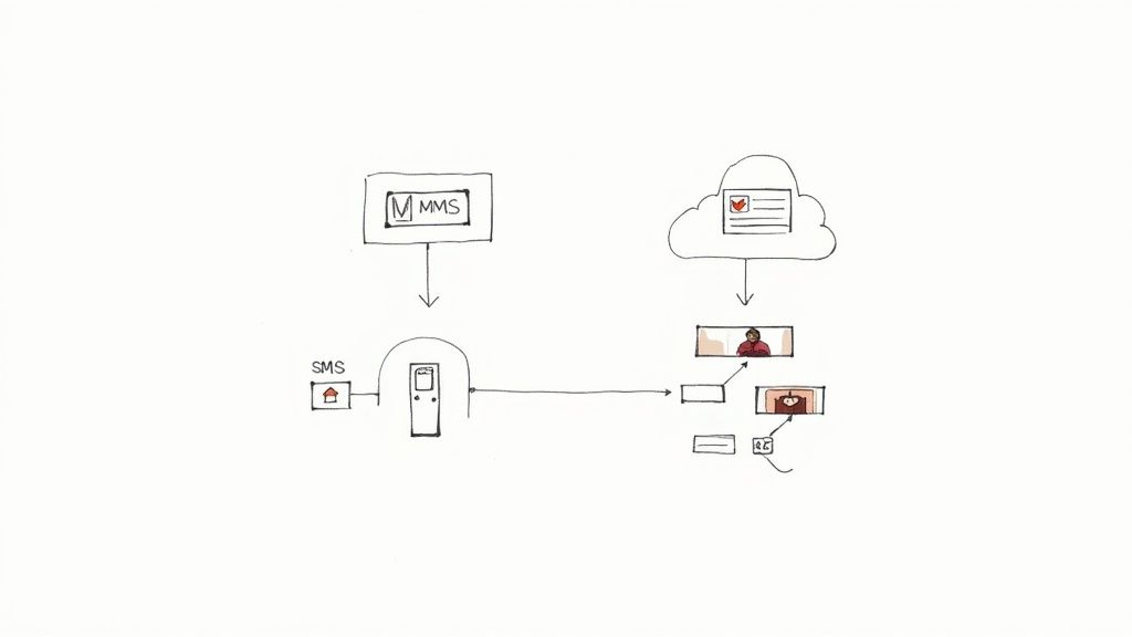 A diagram showing the different network paths for SMS and MMS messages