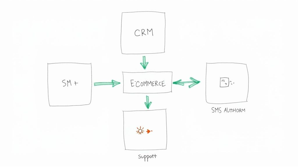 Diagram showing various app icons (CRM, e-commerce, support desk) connected to a central SMS icon, illustrating integration.
