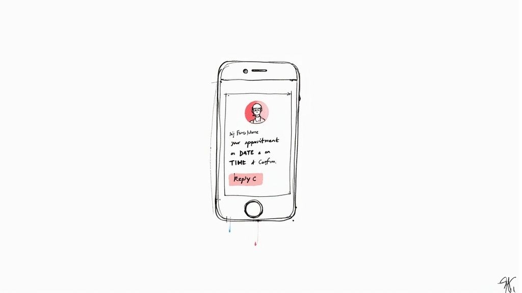 A professional woman crafting reminder messages on her laptop in a modern office setting.