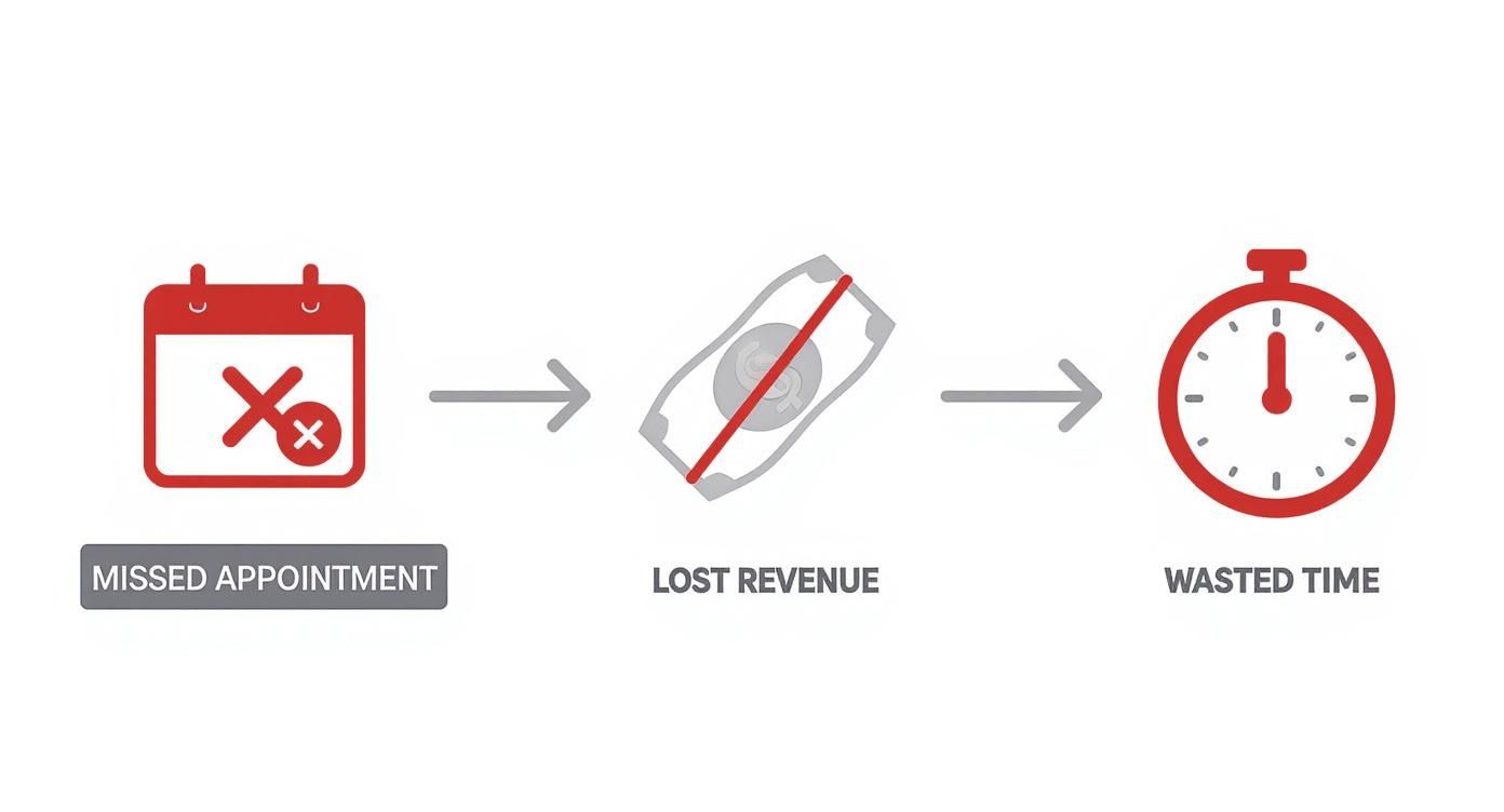 Infographic showing that a missed appointment leads to lost revenue and wasted time.