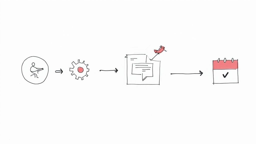 A visual representation of an automated workflow with connected icons for calendar, text message, and ringless voicemail, showing a seamless process.